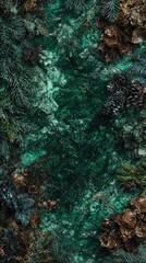 Obraz premium Evergreen branches, pine cones, teal background, winter texture, holiday design