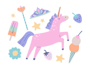 Set of cute pastel doodles. Funny stickers with pink unicorn, princess crown and ice cream. Magical Elements of Fantasy World. Design for postcard. Flat vector illustration isolated on background © Rudzhan