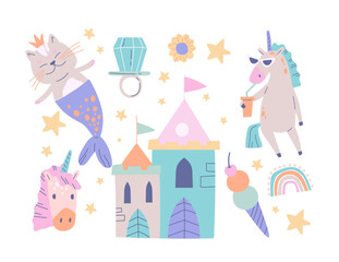 Set of cute pastel doodles. Trendy nursery stickers with mermaid cat, unicorn, rainbow and castle. Magical Elements of Fantasy World. Flat vector illustration collection isolated on background
