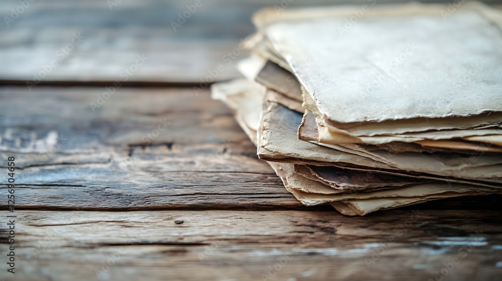Poster Old vintage papers stacked on a rustic wooden table creating a nostalgic atmosphere and feel : Generative AI