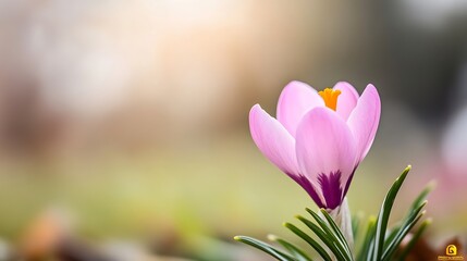 Fototapeta premium Beautiful blooming pink crocus flower surrounded by soft blurred natural background in spring : Generative AI