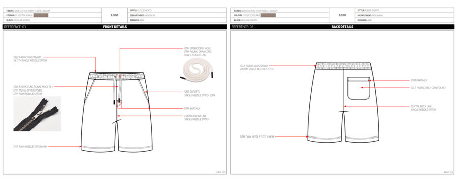 Men's Terry Fleece Shorts Fashion Design Technical Tech Pack. 