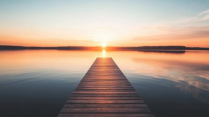 Wooden Pier Extending into Calm Lake at Sunset