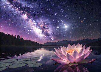 A vast lotus flower blooming in a tranquil lake under a glowing night sky filled with galaxies,...