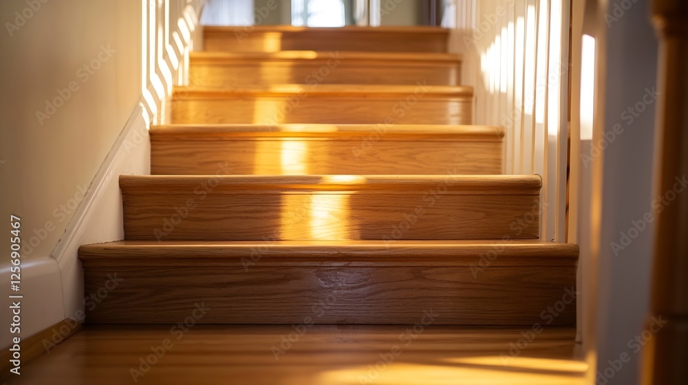 Poster Sunlit Wooden Staircase Leading Up in a Cozy Home with Soft Light Filtering In : Generative AI