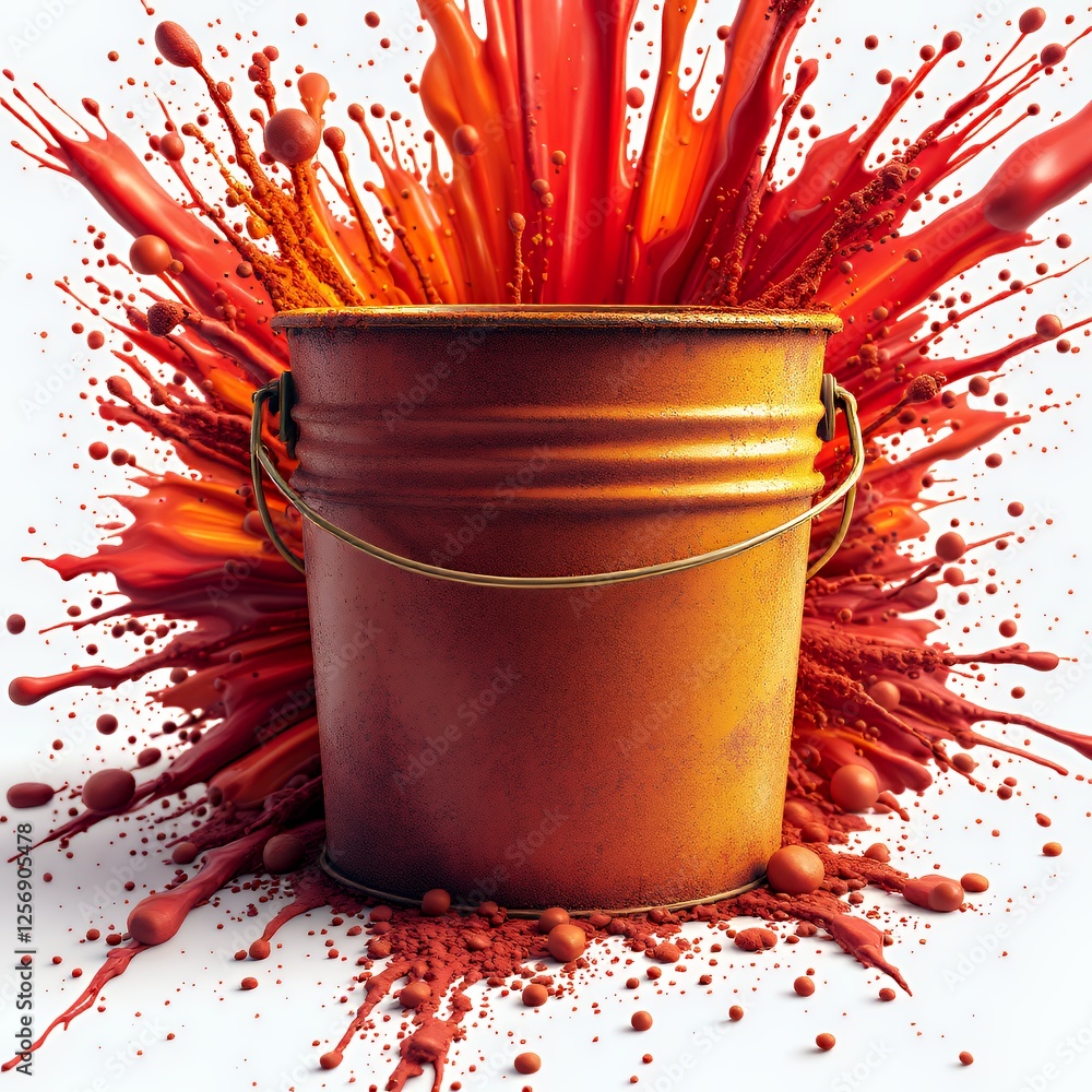 Poster plastic bucket with red paint explosion on white background with orange and red lighting, paint buck