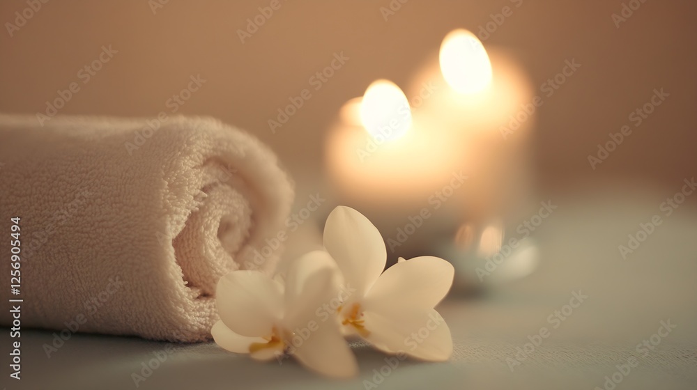Poster spa setup with rolled towel and white flowers next to flickering candles creating a calming atmosphe