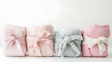 Four different colored blankets are tied with ribbons