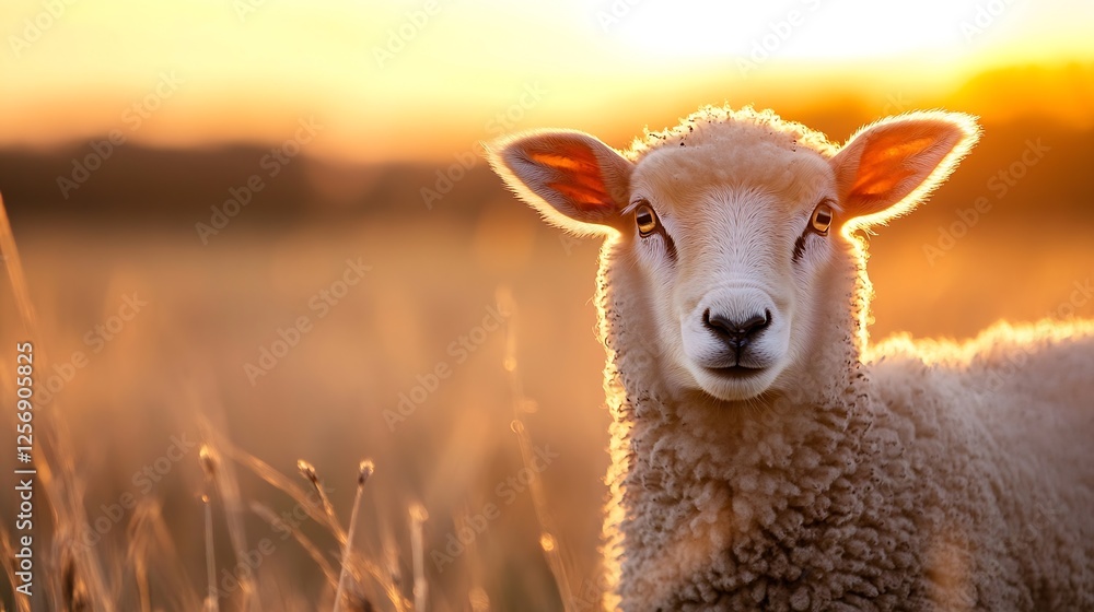 Aufkleber Closeup portrait of a sheep standing in golden grass during sunset with soft lighting : Generative AI