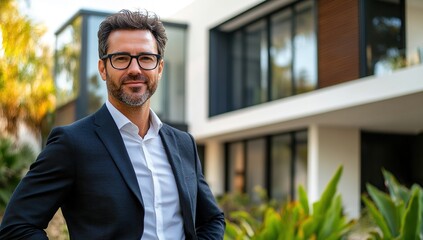 Confident Man in Suit Smiles, Modern Home Background, Successful Real Estate Agent, Professional Portrait, Business Lifestyle