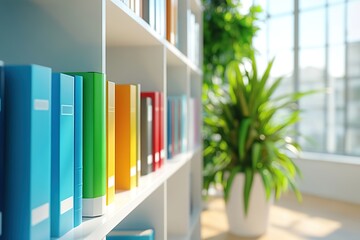 Fototapeta premium Brightly Colored Books Organized on Modern White Bookshelves near a Window, Creating a Calm and Organized Workspace.