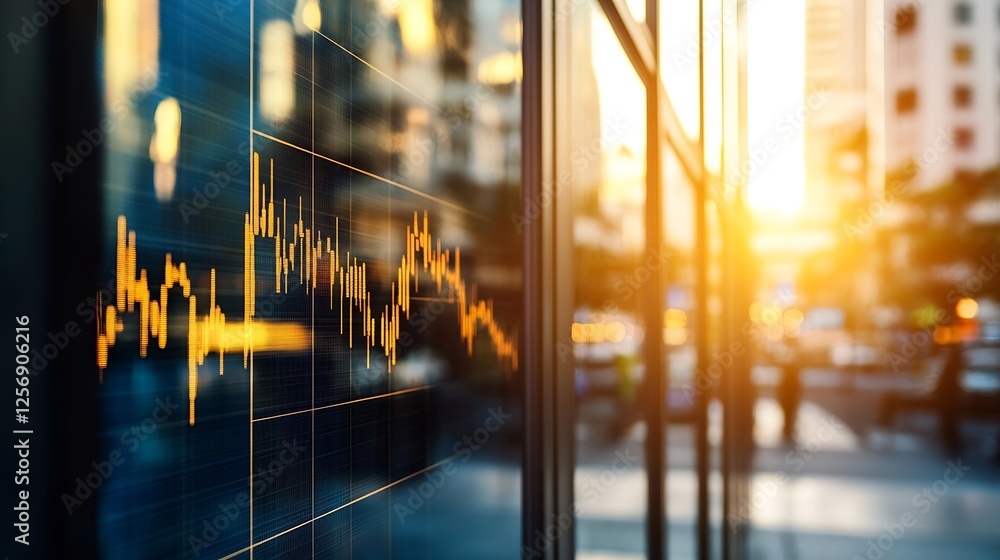 Leinwandbilder an abstract view of stock market performance displayed on a glass wall during golden hour in an urba