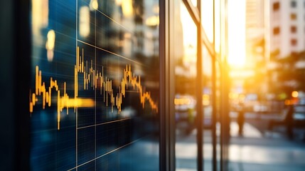 An abstract view of stock market performance displayed on a glass wall during golden hour in an urban setting : Generative AI