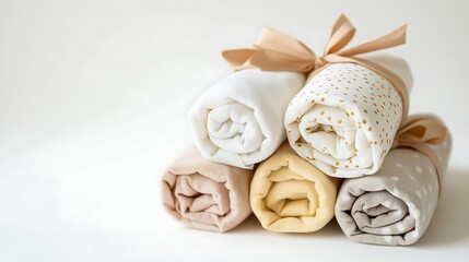 A stack of baby blankets with different colors and patterns