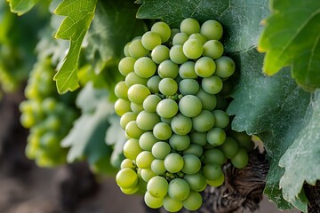 Green grapes in the vineyard. Close-up of a bunch of grapes