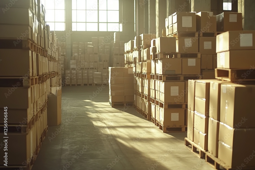 Poster warehouse inventory: cardboard boxes stacked on pallets in a large distribution center illuminated b