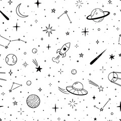 Space star vector seamless pattern. Hand drawn doodle sketch line style galaxy planet star, rocket, moon cute kid seamless pattern. Space planet kid doodle background. Vector illustration