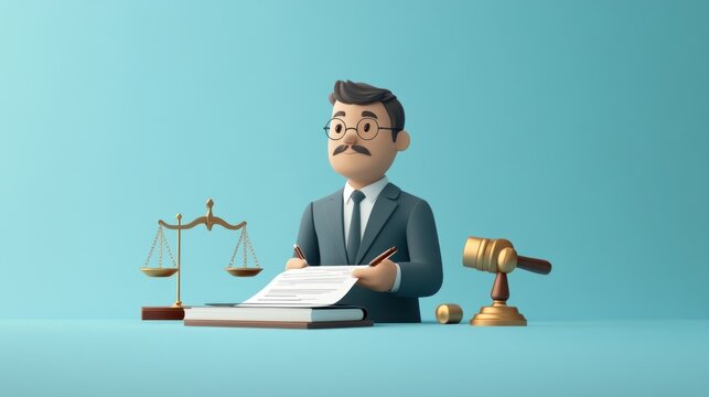 Lawyer reviewing document, scales & gavel nearby, blue background; legal concept illustration