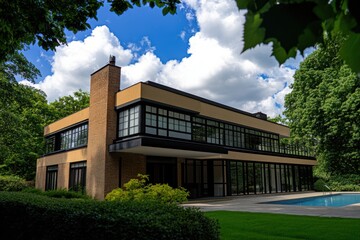 Fototapeta premium Modern architectural design showcased in a spacious residence surrounded by greenery and a tranquil pool under a bright blue sky