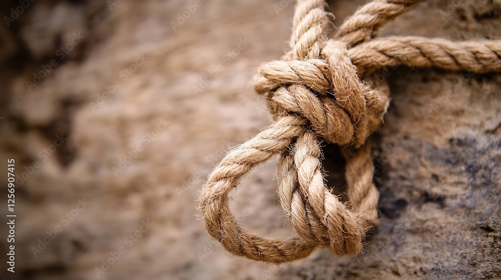 Aufkleber Close up view of a thick rope knot tied securely on a rugged surface representing strength and stability : Generative AI