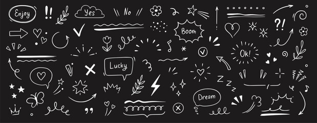 Cute line sketch star, arrow, heart decoration element icon set. Hand drawn sketch doodle cute star, emphasis, flower element. Pen line text decoration shape icon. Chalkboard vector illustration.