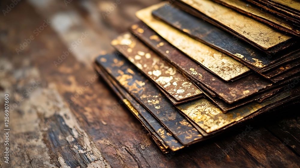 Leinwandbilder Close up of antique gold leaf sheets stacked on a wooden table with rustic grain : Generative AI