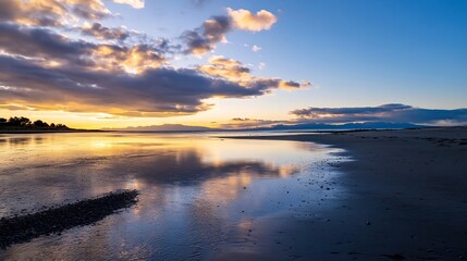 Breathtaking sunset over the tranquil beach landscape showcasing the calming reflection on the water : Generative AI