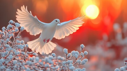 A graceful white dove soaring above frosty branches during a vibrant sunset in winter