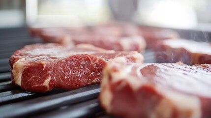 Close Up of Juicy Fresh Meat Cuts on Grill Ready for Cooking and Delicious Barbecue : Generative AI