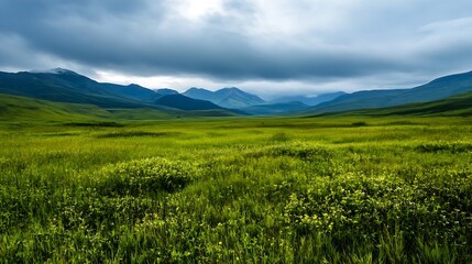 Fototapeta premium Lush green landscape with rolling hills under a dramatic cloudy sky showcasing nature's beauty : Generative AI