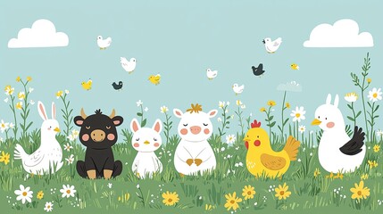 Colorful cartoon animals sitting in a sunny meadow surrounded by flowers and birds