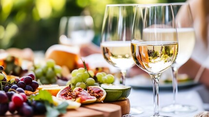 Elegant table setting with a variety of delicious fruits and glasses of white wine perfect for outdoor dining : Generative AI