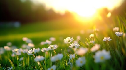 Fototapeta premium Bright field of daisies illuminated by the golden rays of the setting sun : Generative AI