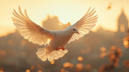 White dove soaring gracefully against a golden sunset skyline with blurred cityscape in background