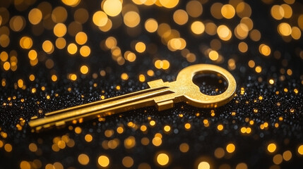 A keyhole in dark and golden shiny metal symbolizing mystery, discovery, and potential. Modern technology, bright tones, blurred background, and ample caption space convey a sense of openness and oppo