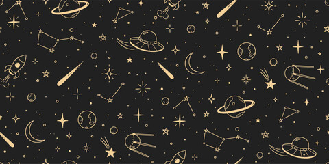 Space star galaxy vector seamless pattern. Hand drawn doodle sketch line style galaxy planet star, rocket, moon cute sky background. Space planet kid doodle universe pattern. Vector illustration © Polina Tomtosova