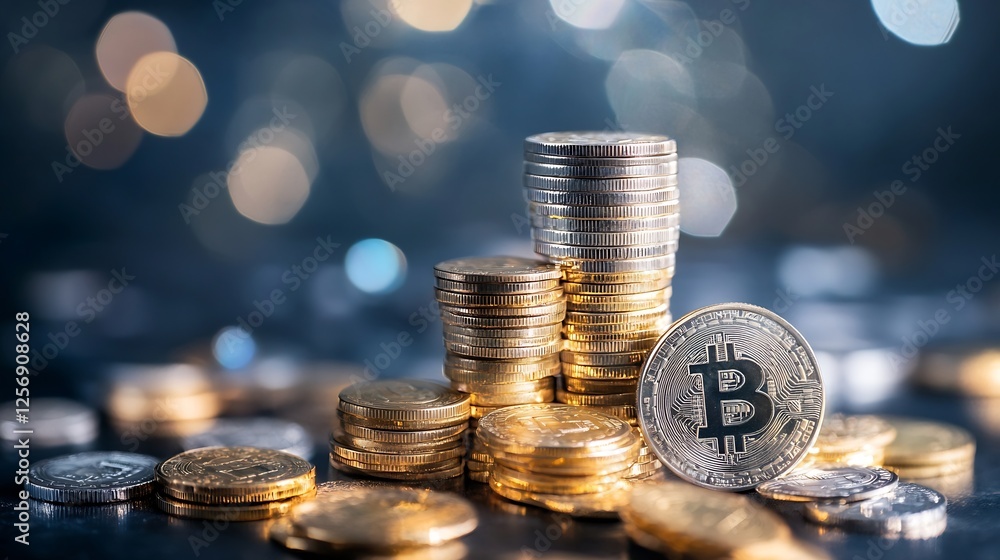Poster stacked gold and silver coins with bitcoin currency on a blurred bokeh background showcasing digital