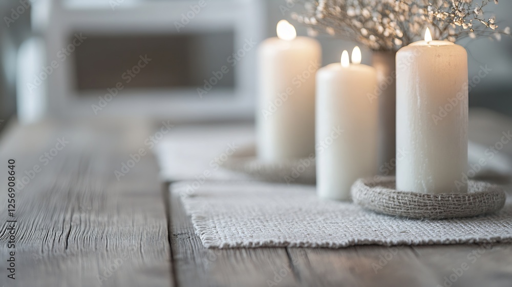 Poster Tranquil setting featuring glowing candles on a rustic wooden table enhancing a cozy atmosphere : Generative AI