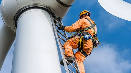 Engineer Climbing Internal Ladder of Wind Turbine Wearing Orange Protective Gear and Safety Harness Surrounded by Warm Golden Light
