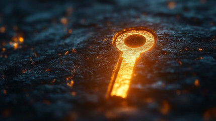 A keyhole in dark and golden shiny metal symbolizing mystery, discovery, and potential. Modern technology, bright tones, blurred background, and ample caption space convey a sense of openness and oppo