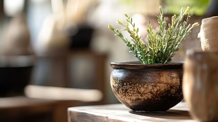 Charming Potted Plant in Rustic Pot on Wooden Table Surrounded by Natural Decor Elements : Generative AI