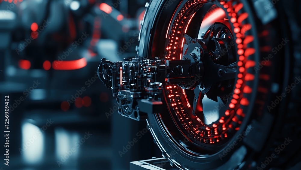 Poster futuristic wheel assembly: precision engineering, illuminated design, advanced mechanics, seamless f