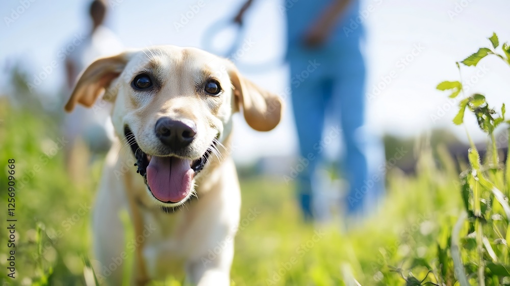 Aufkleber happy yellow labrador dog running in lush green field with a person behind : generative ai