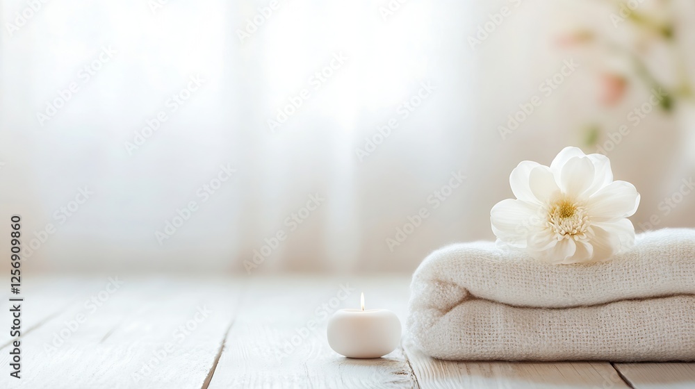 Poster Elegant spa setup featuring neatly stacked towels and a delicate flower on a wooden surface for relaxation : Generative AI