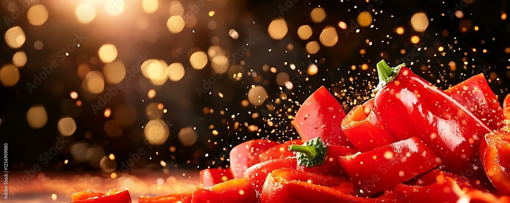 Poster vibrant sliced red peppers with sparkling background and bokeh effect for culinary inspiration peppe