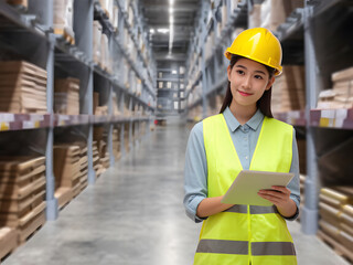 Warehouse manager using digital tablet checking goods and supplies on shelves 