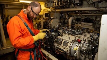 Engineer dressed in bright orange protective suit and harness working on turbine components in a confined interior space enveloped in soft golden lighting  Maintenance repair