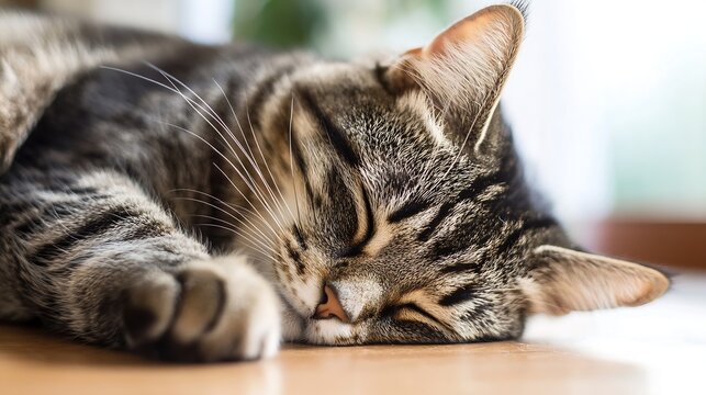 A peaceful tabby cat sleeping soundly in a sunlit room on a wooden floor : Generative AI