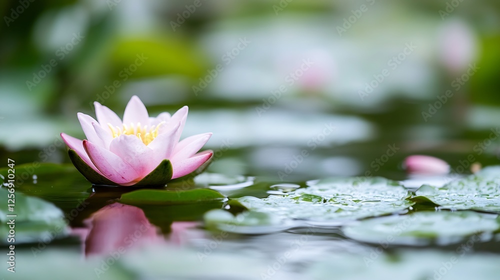 Aufkleber delicate pink lotus flower blooming on water surface surrounded by lily pads creating serene aquatic