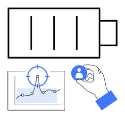 Hand holds user icon, battery symbolizes energy, analytics chart with target point. Ideal for user profiling, data insights, productivity, technology, business management, focus abstract line flat